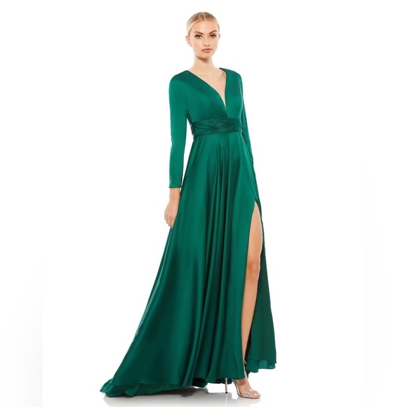 Ieena Mac Duggal 55245 NWT LONG SLEEVE RUCHED WAIST A-LINE GOWN emerald green - Picture 1 of 8